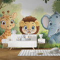 Jungle Animals Wallpaper creating a cozy atmosphere in a modern nursery with soft natural lighting and wooden furniture