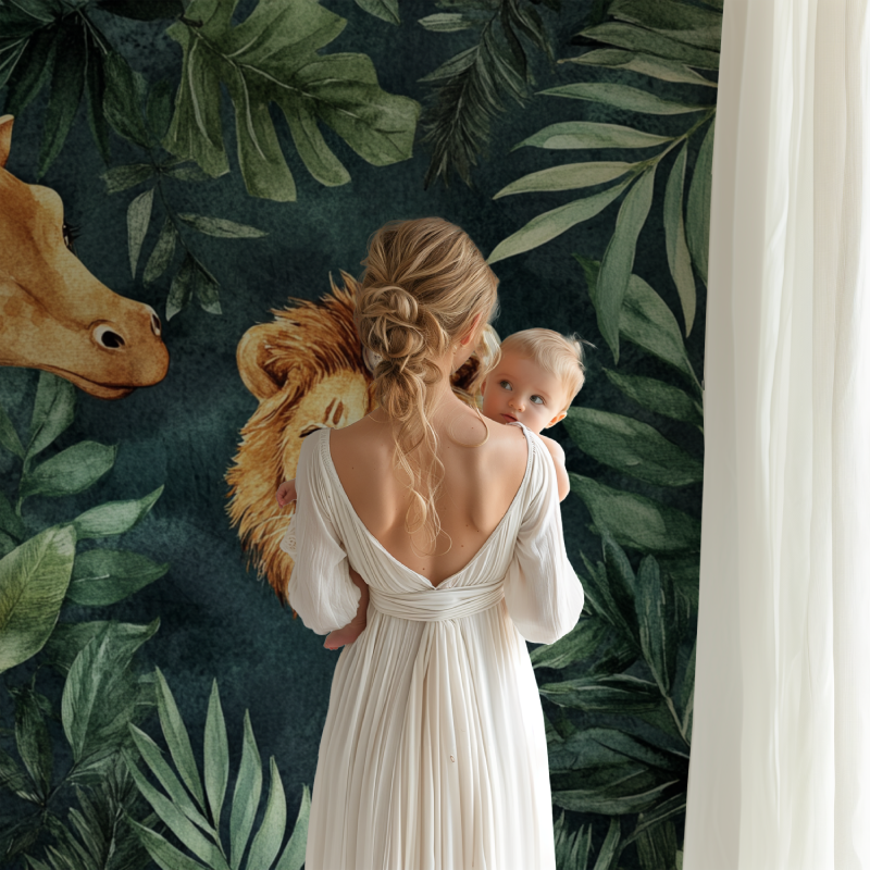 Jungle animals mural adding warmth to a modern kids room with safari theme