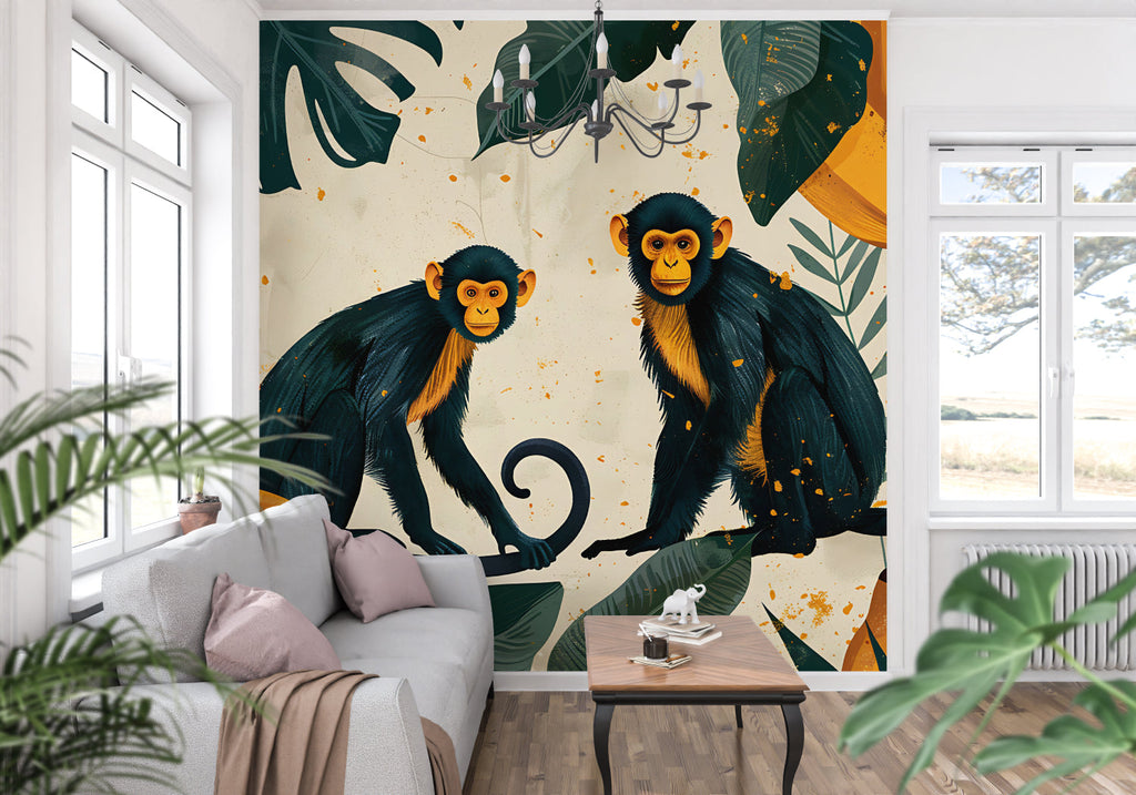 Jungle monkey wallpaper bringing life to a modern nursery with teal and cream tones