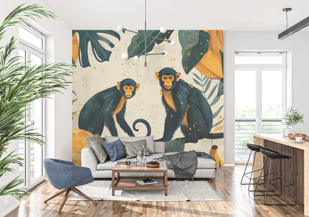 Tropical monkey wall mural creating a playful atmosphere in a children's bedroom