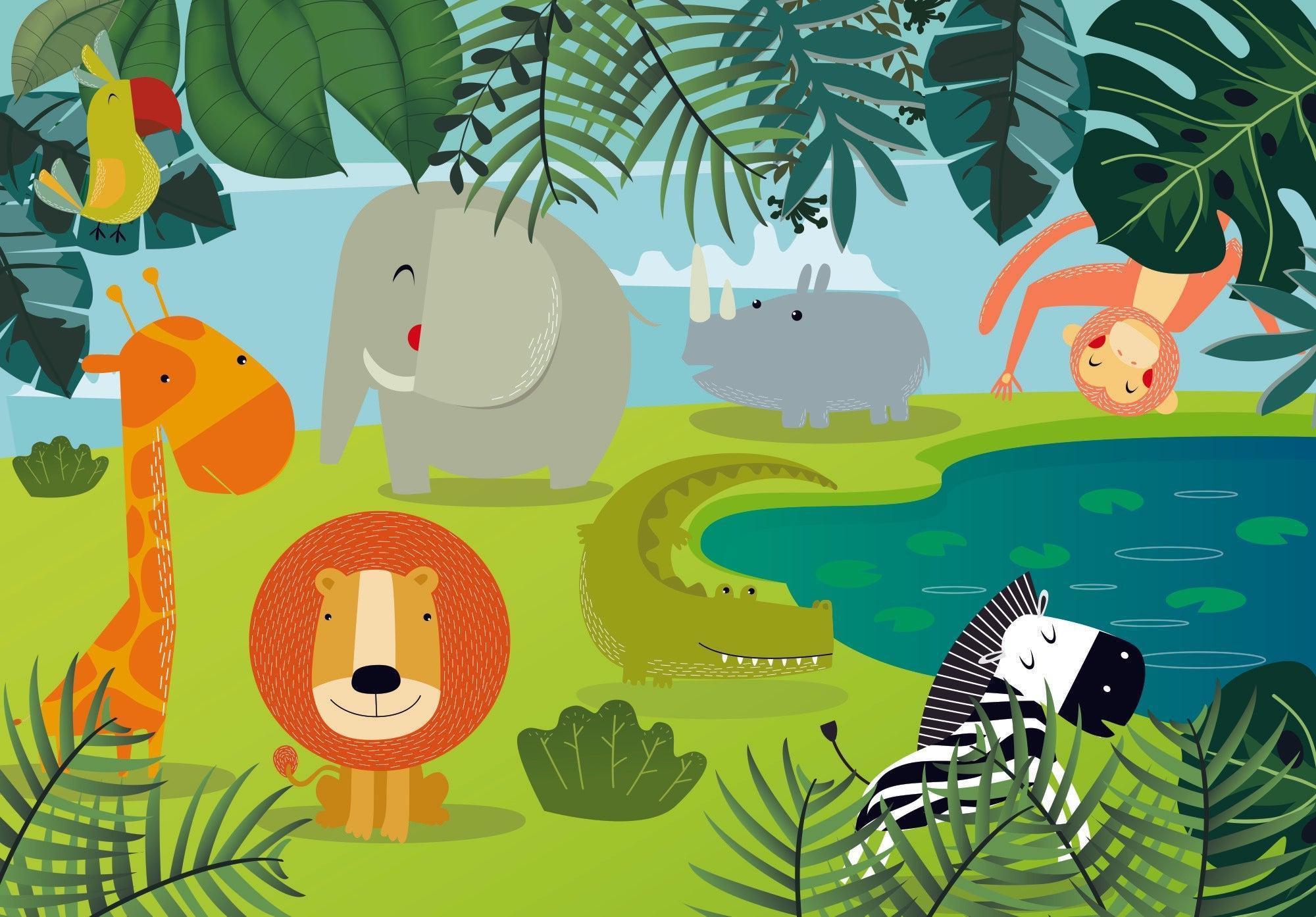 Jungle Animals design file showing full pattern with playful safari characters and tropical elements