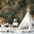 Jungle safari wallpaper with lions and leopard creating a cozy atmosphere in a modern kids bedroom