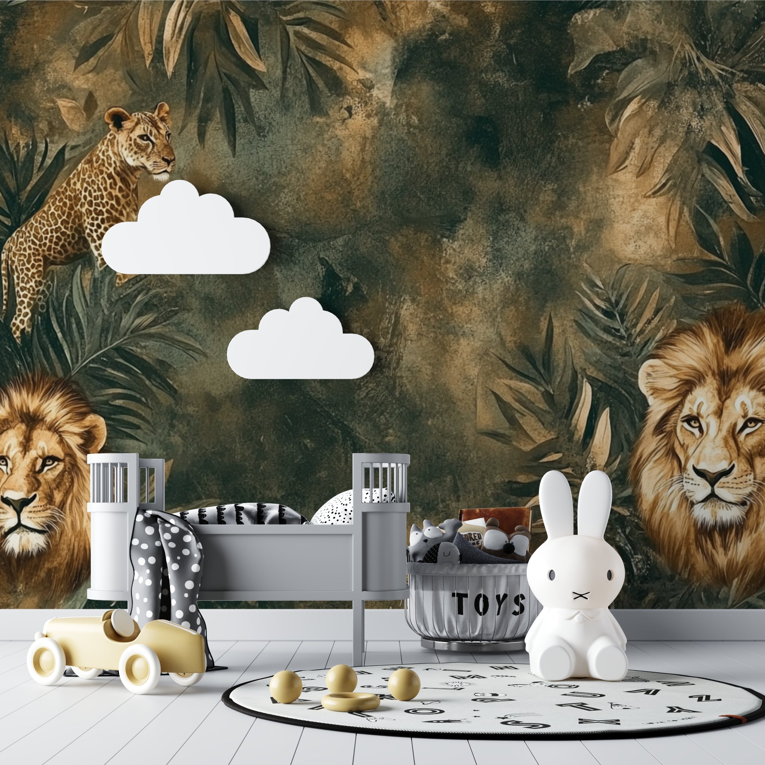 Safari animals wall mural bringing adventure to a stylish playroom setup