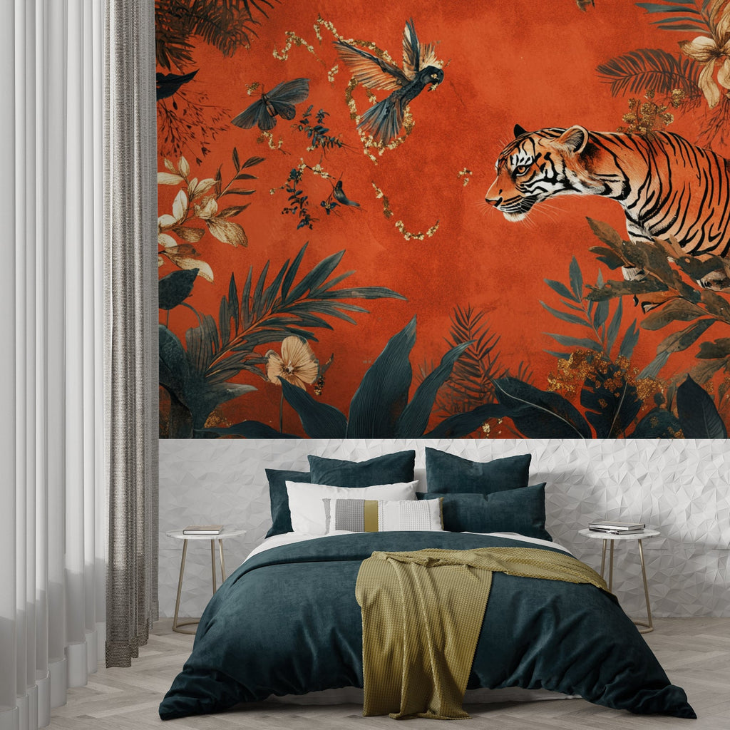 Jungle Animals Wallpaper with tigers and birds creating a cozy atmosphere in modern living room