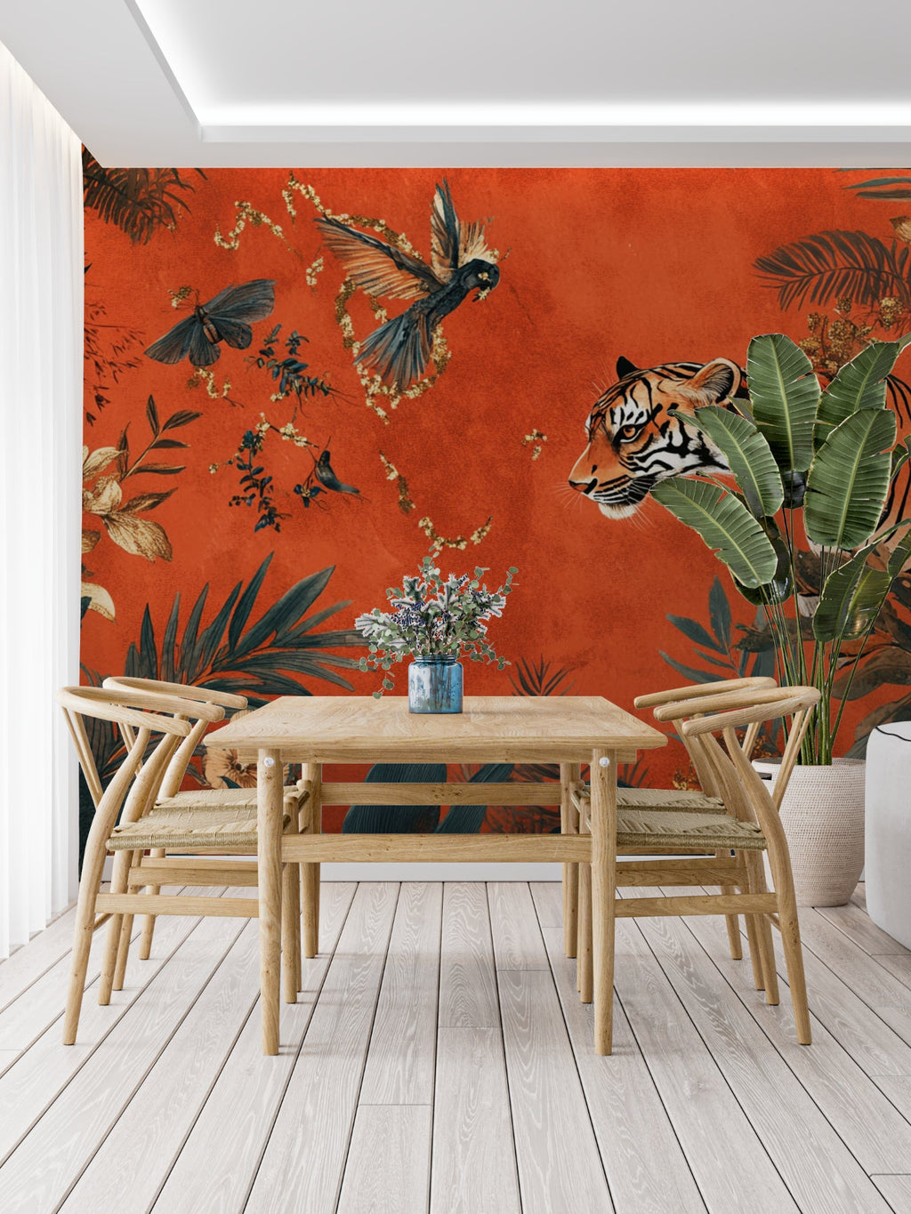 Terracotta tiger wallpaper bringing warmth to dining room setting