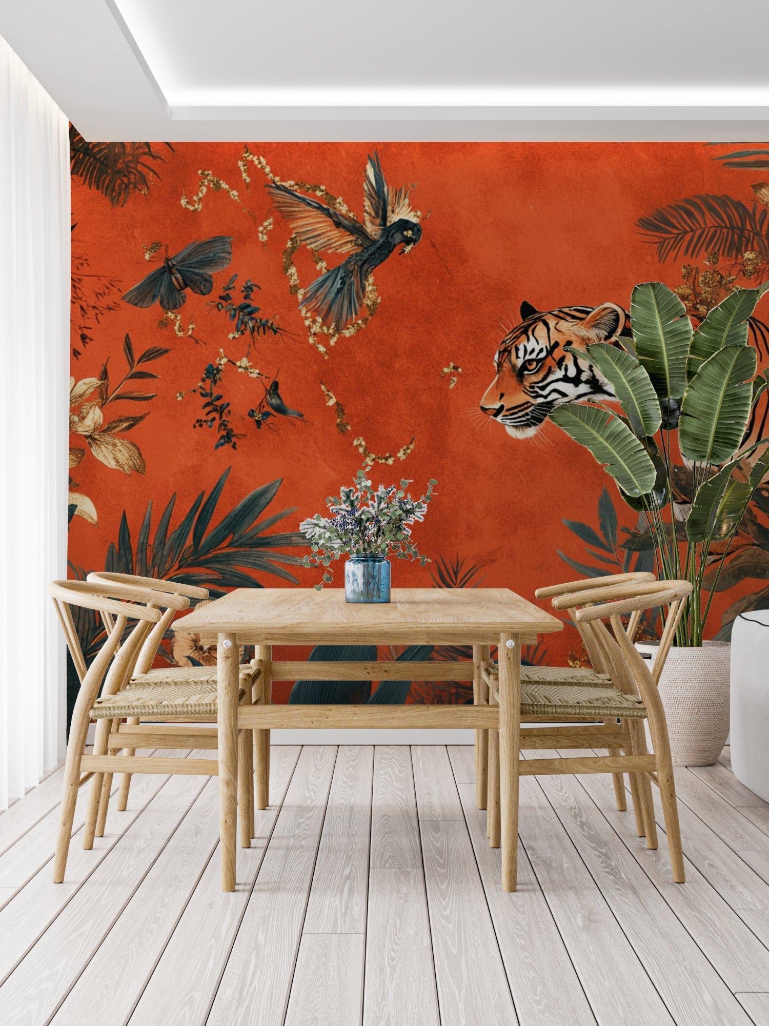 Terracotta tiger wallpaper bringing warmth to dining room setting