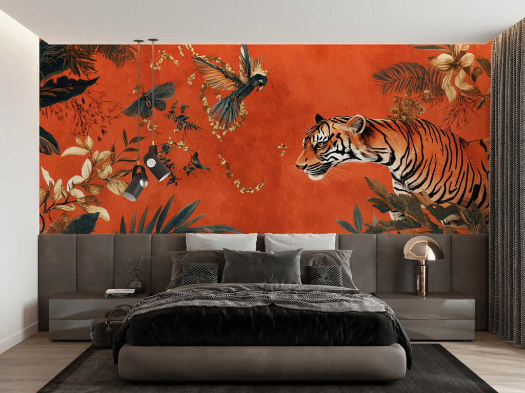 Tropical tiger and birds mural wallpaper in bedroom with natural light