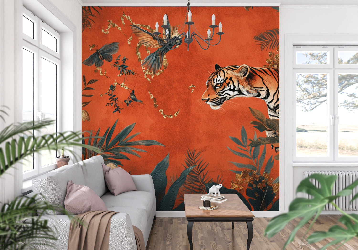 Jungle animals wallpaper featuring tigers and birds in home office space