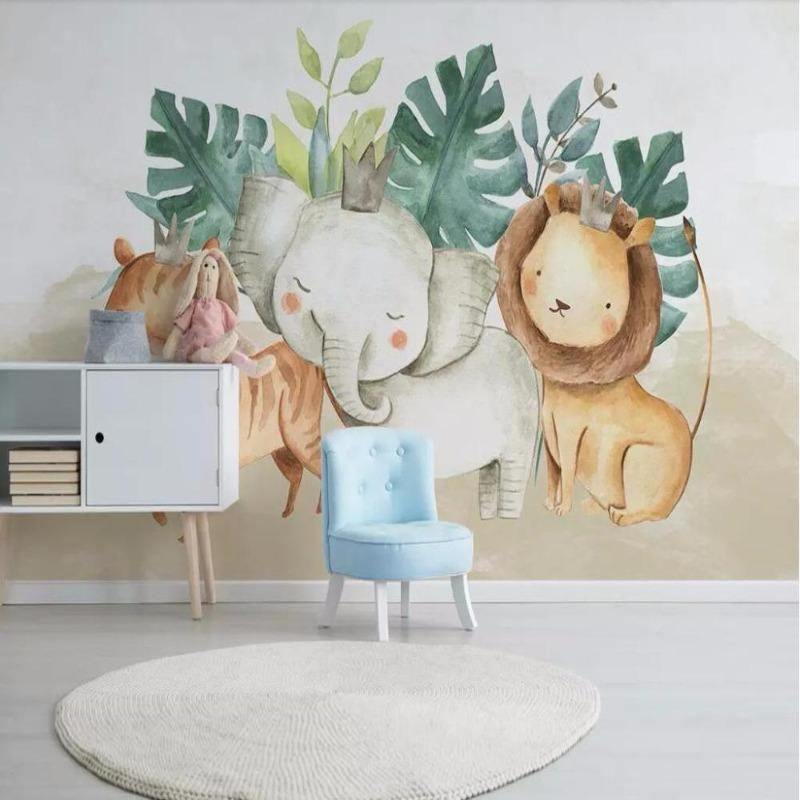 Jungle animals mural in kids bedroom with reading nook, featuring watercolor tiger and monstera leaves