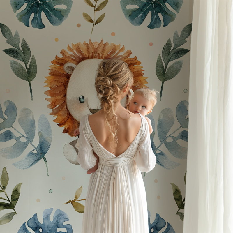 Safari lions wallpaper transforming a playroom into an adventure zone