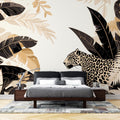 Luxury Black and Gold Leopard Wallpaper creating drama in a modern living room with high ceilings and minimal furniture
