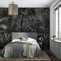 Black and grey Jungle Mural Wallpaper creating depth in a modern living room