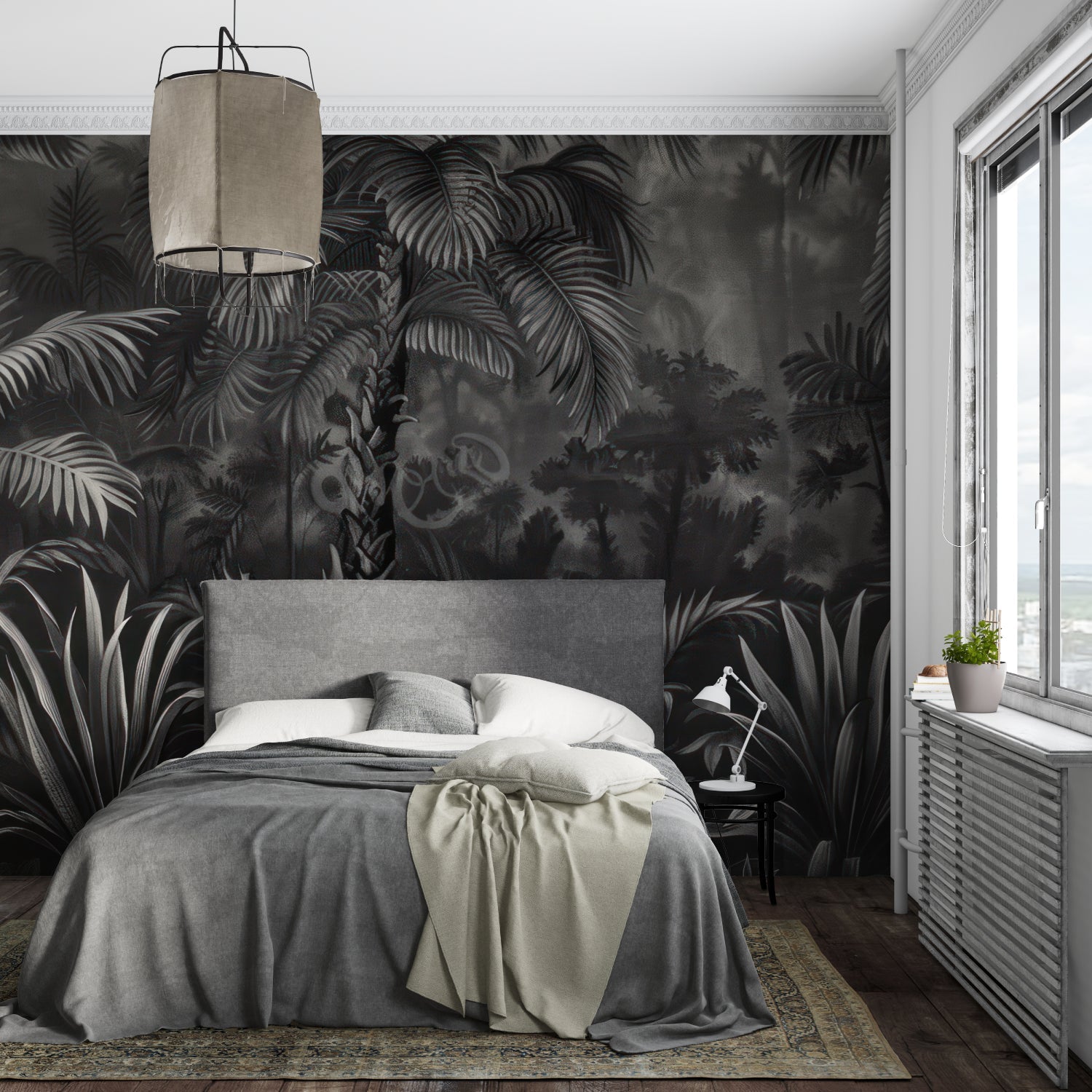 Black and grey Jungle Mural Wallpaper creating depth in a modern living room