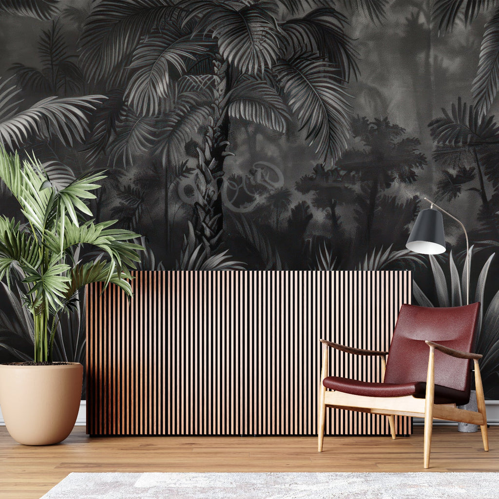 Tropical foliage wallpaper making a statement in a minimalist bedroom