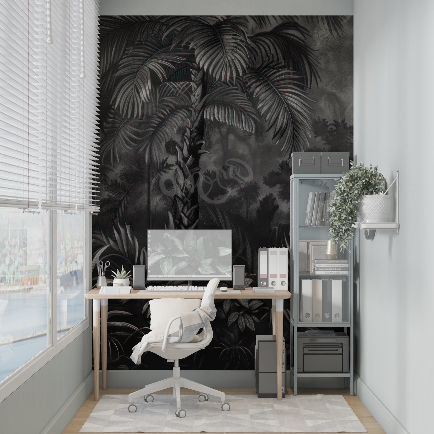 Dark tropical wall mural adding sophistication to a dining room