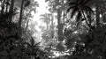 Black and white jungle mural wallpaper creating depth in a modern living room with minimal furniture
