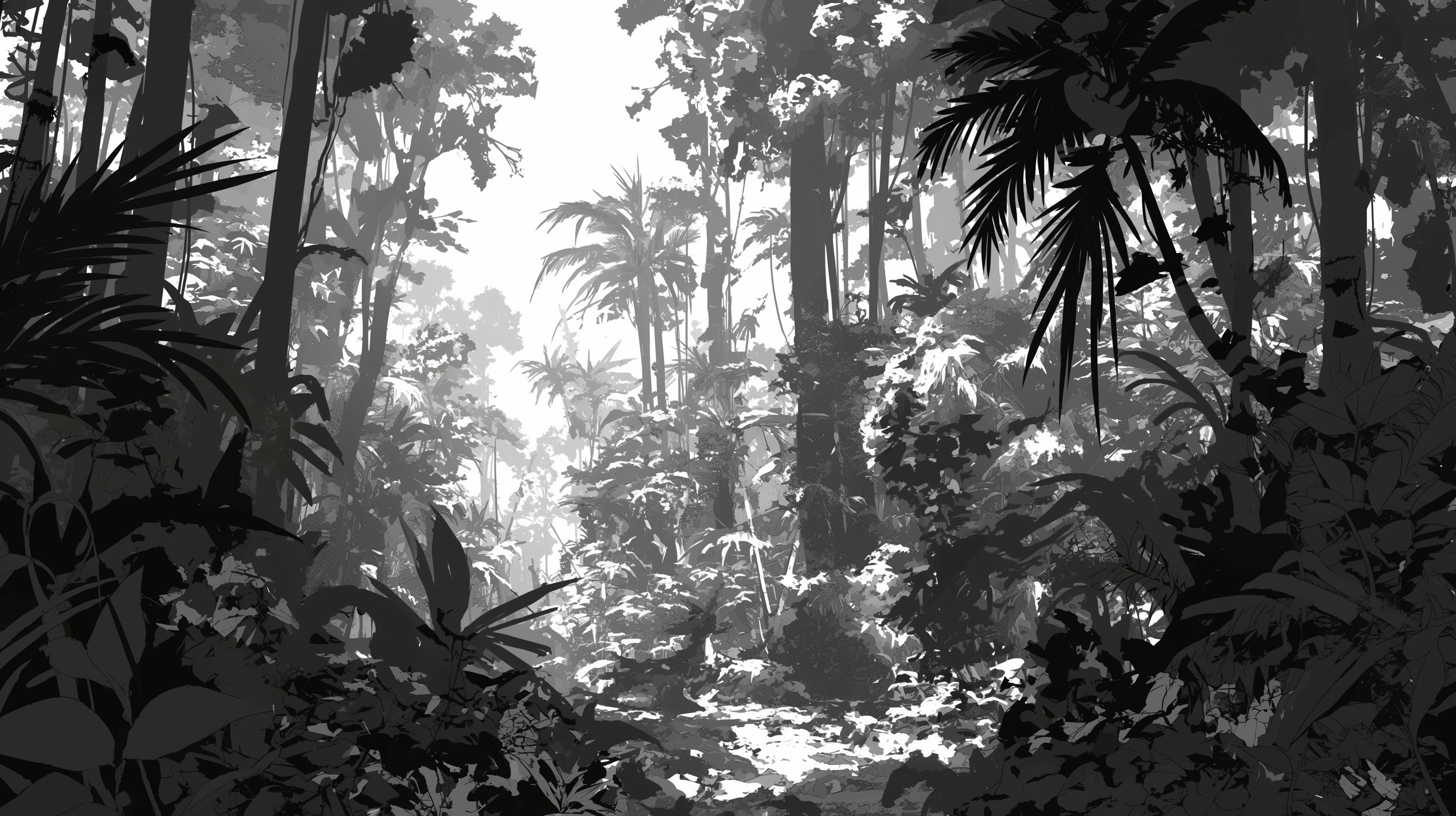 Black and white jungle mural wallpaper creating depth in a modern living room with minimal furniture