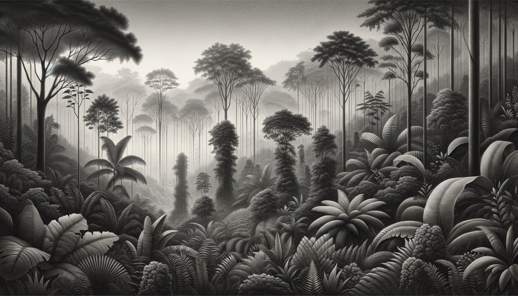 Black and white jungle mural wallpaper creating depth in modern living room setting