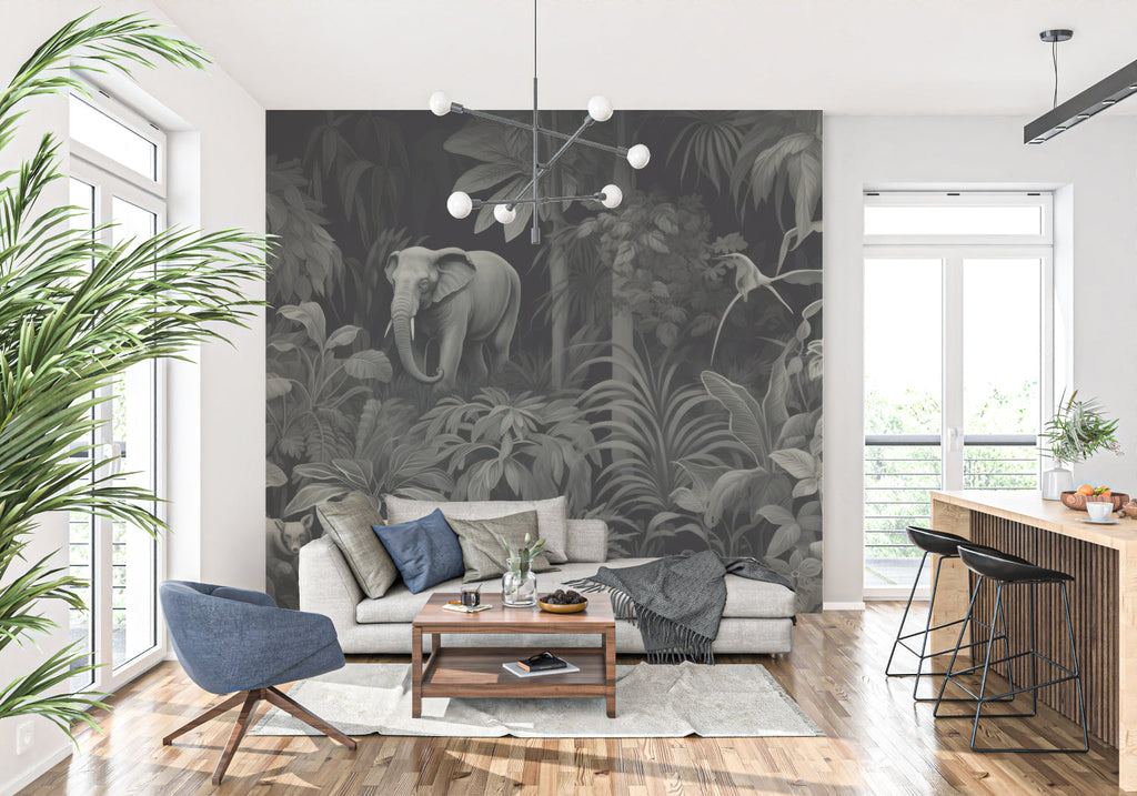 Dramatic jungle wall mural featuring elephant in home office space