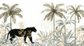 Black Panther wallpaper mural styled in modern living room, showing gold palm trees against white background