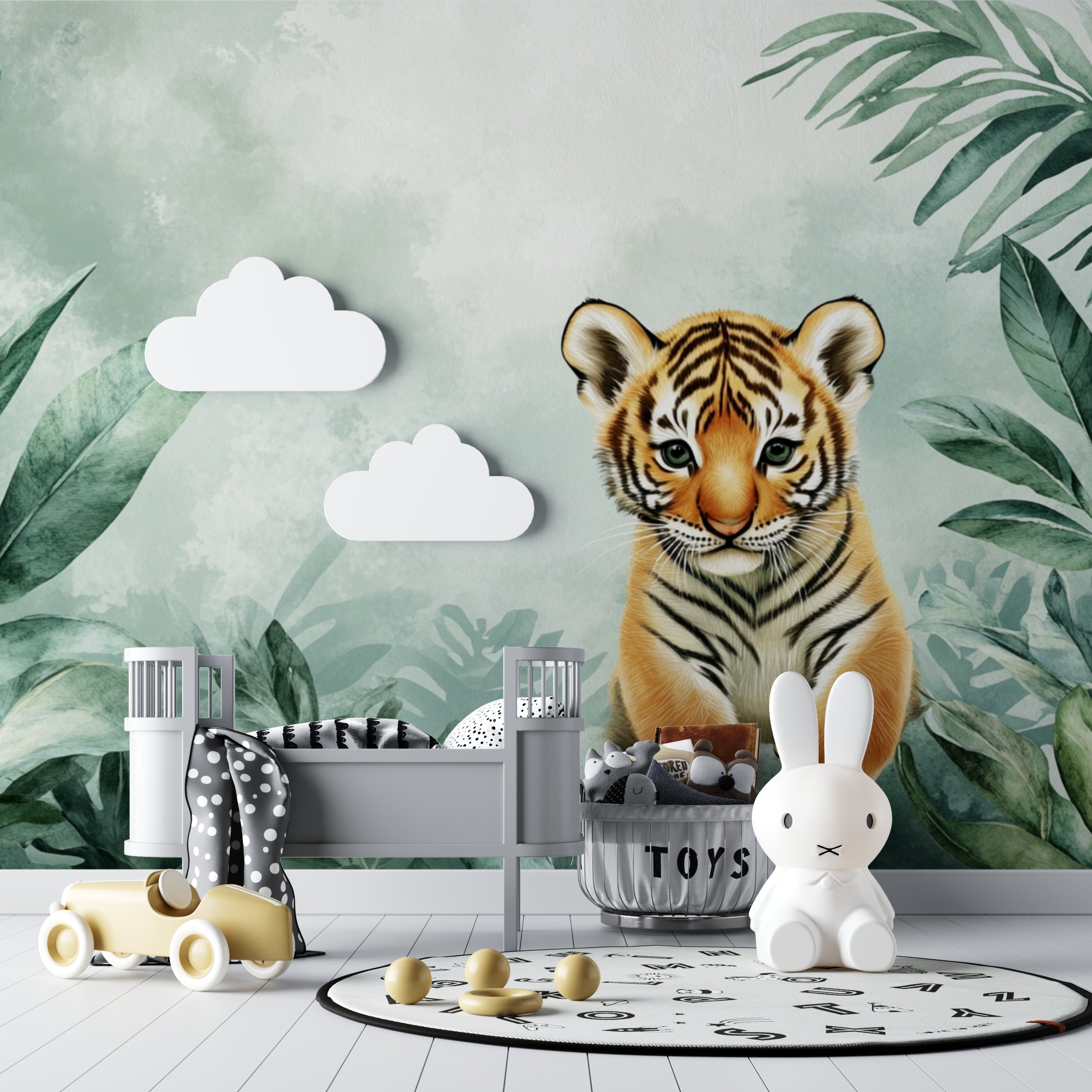 Baby tiger wallpaper showcased in a minimal Scandinavian nursery design