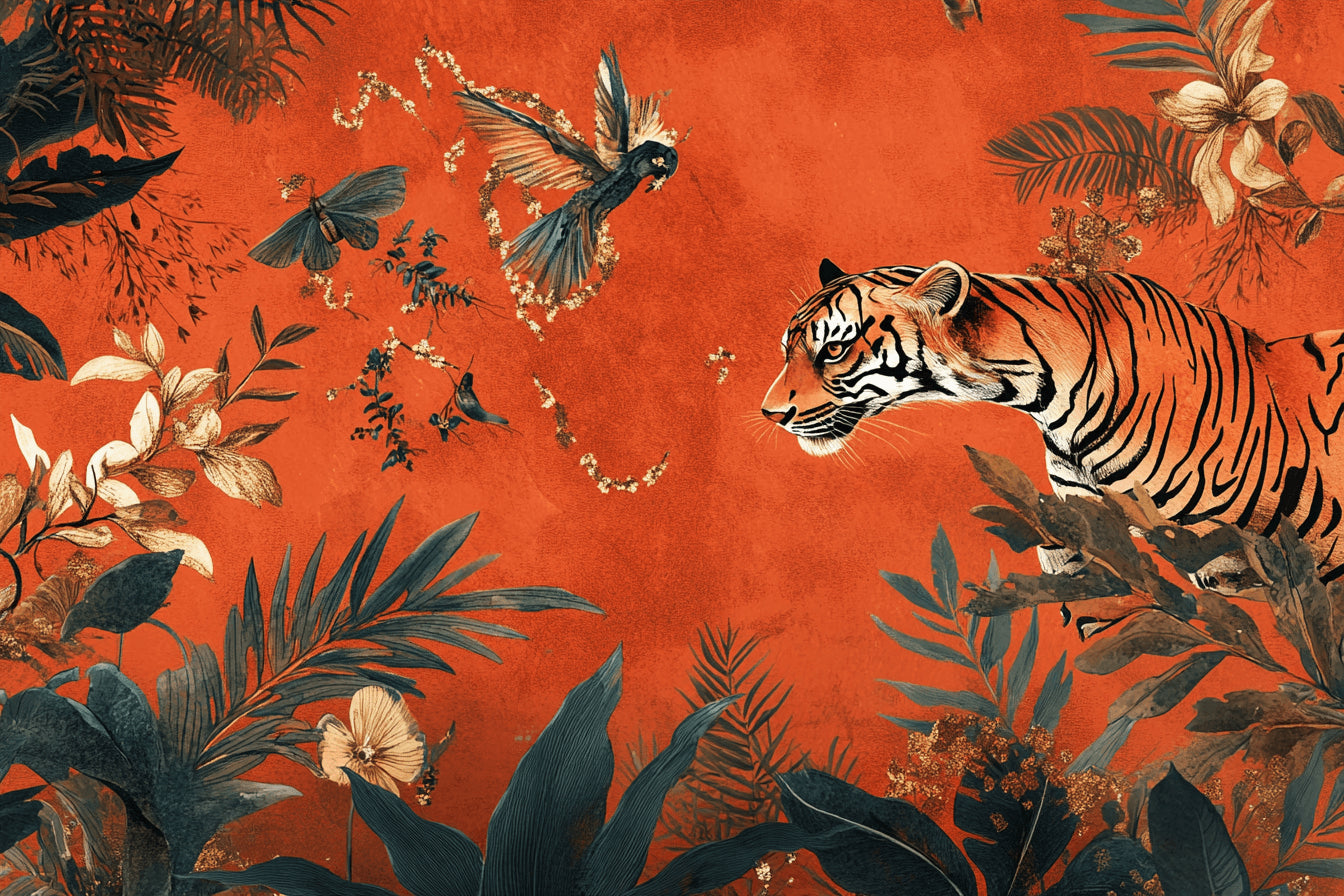 Design file showing detailed tropical tiger pattern with exotic flowers and palm leaves on terracotta background