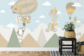 Kids Adventure Wallpaper with flying animals in a bright nursery, creating a playful atmosphere with hot air balloons