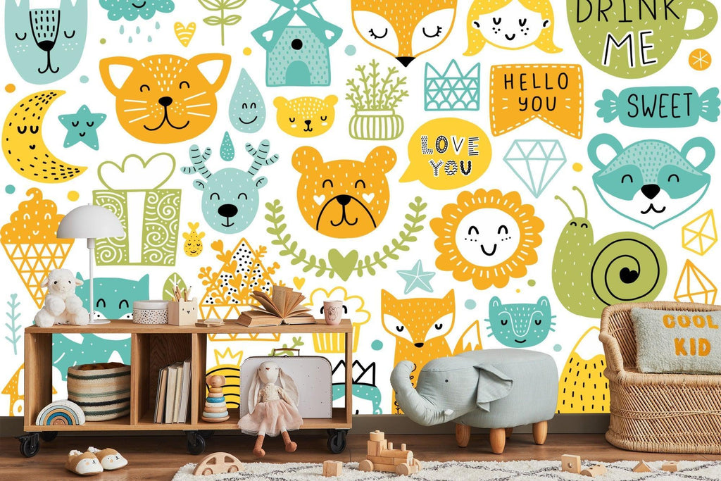 Forest animals wallpaper creating a cozy atmosphere in a modern nursery with white furniture