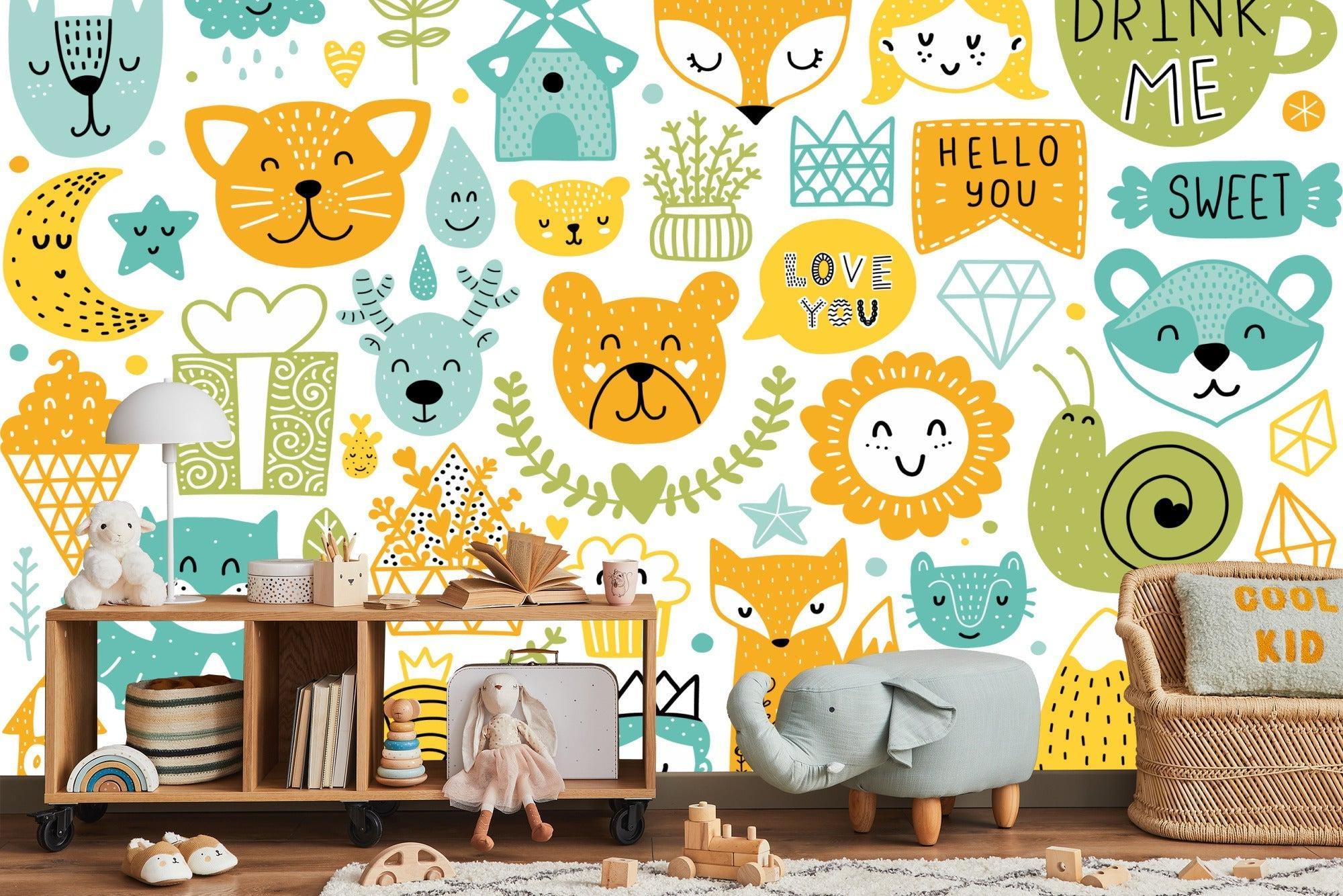 Forest animals wallpaper creating a cozy atmosphere in a modern nursery with white furniture