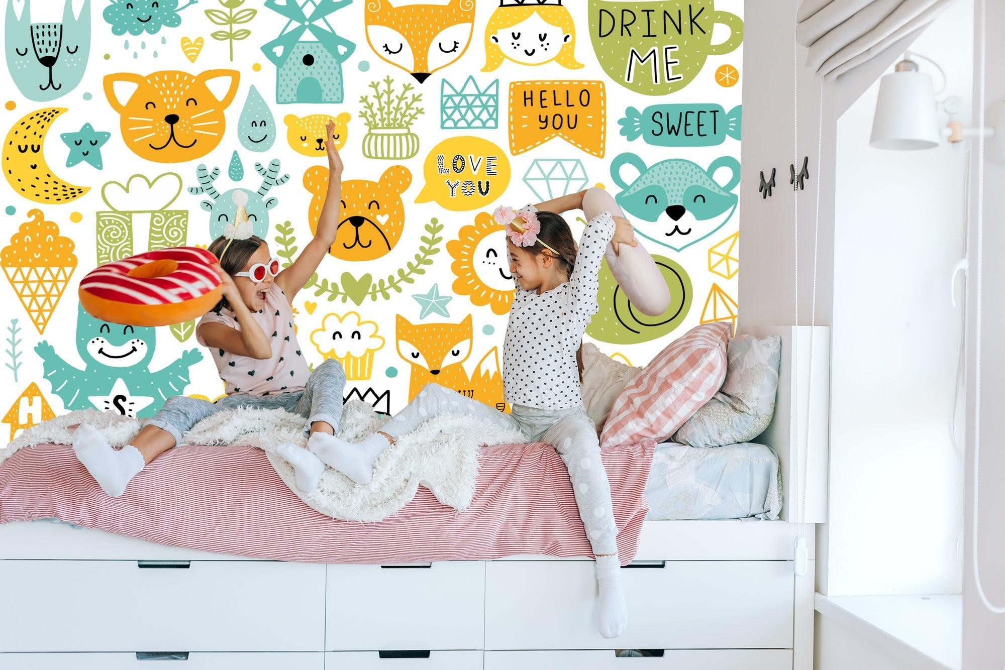 Kids forest wallpaper adding charm to a reading nook with soft cushions