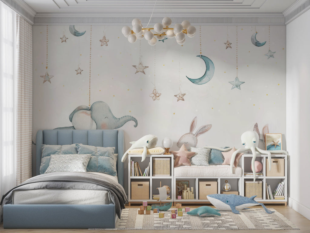 Kids fantasy wallpaper in a cozy nursery with rocking chair and soft lighting