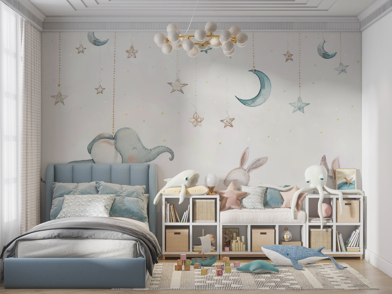 Kids fantasy wallpaper in a cozy nursery with rocking chair and soft lighting