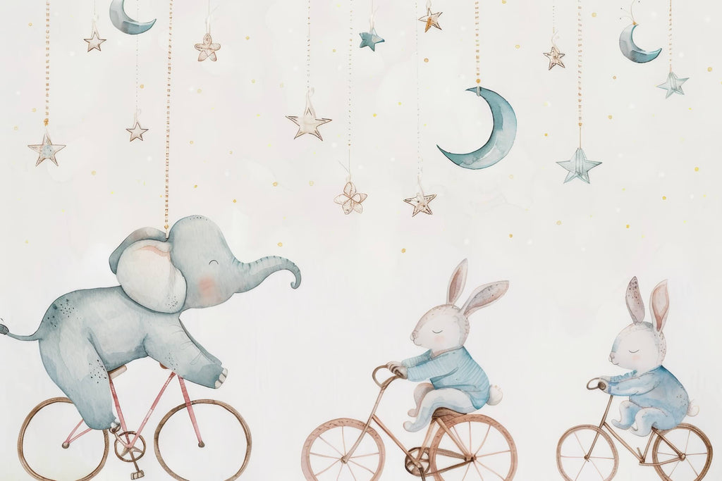 Design file of elephant and bunnies under starlit sky pattern with soft pastel colors