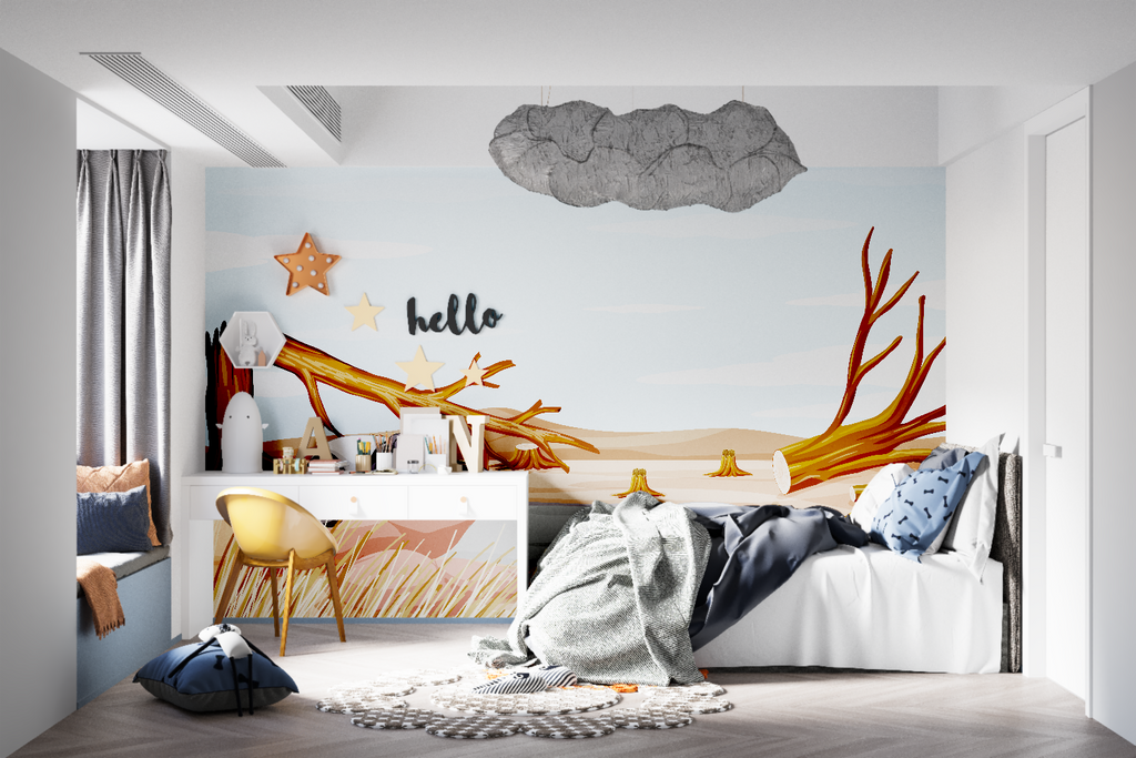 Forest wallpaper creating a cozy reading nook in a modern kids bedroom with natural light and wooden furniture