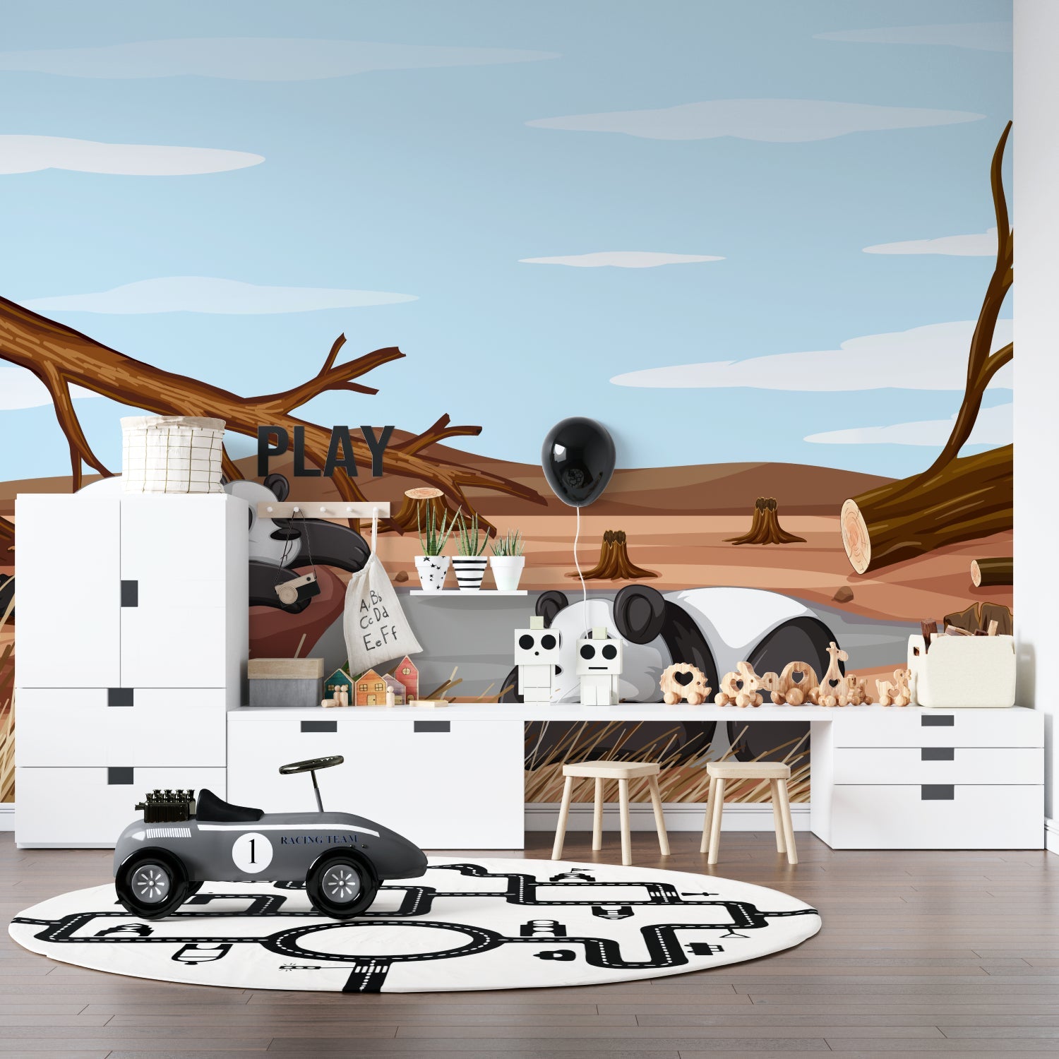 Woodland wall mural transforming a nursery with brown branches against blue sky, featuring a white crib