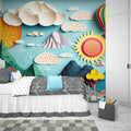 3D Mountain Adventure wallpaper in a bright kids bedroom, showing paper-cut layers creating depth against a white wall