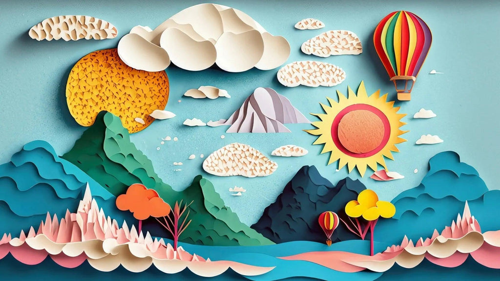 Design file of 3D paper-cut mountain landscape with hot air balloons and geometric patterns
