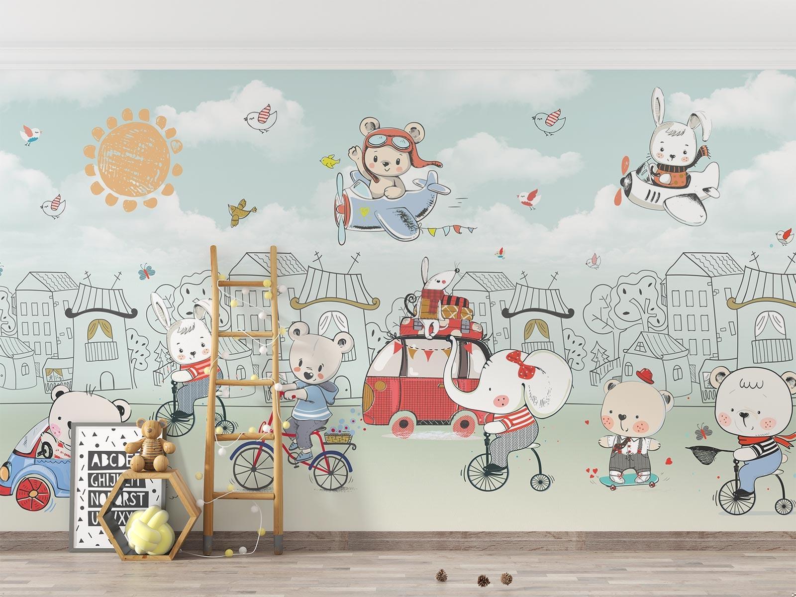 Kids Adventure Wallpaper bringing life to a playroom with fun animal characters and mint green sky