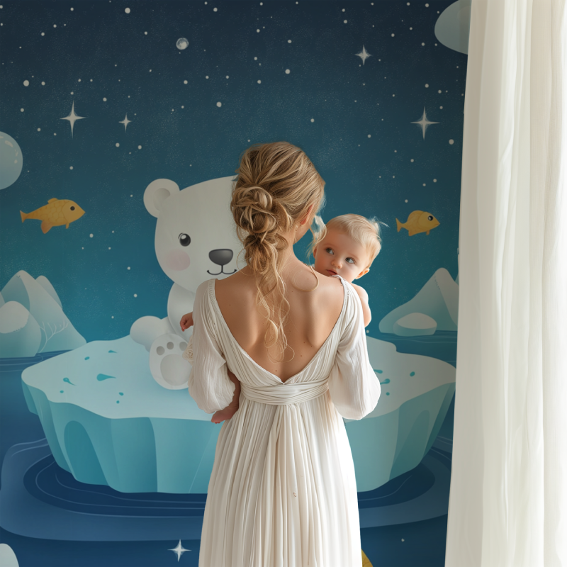 Polar bear wall mural bringing magic to a baby's room with soft blue tones