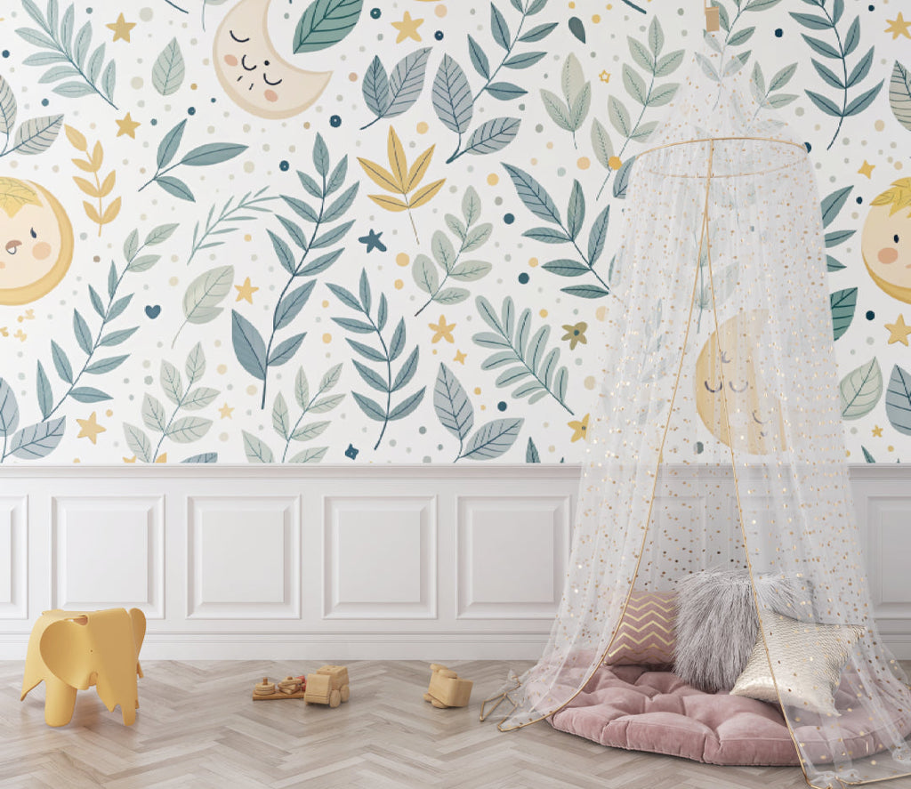 Botanical Moon and Stars Wallpaper in a cozy nursery with soft lighting and natural wood furniture