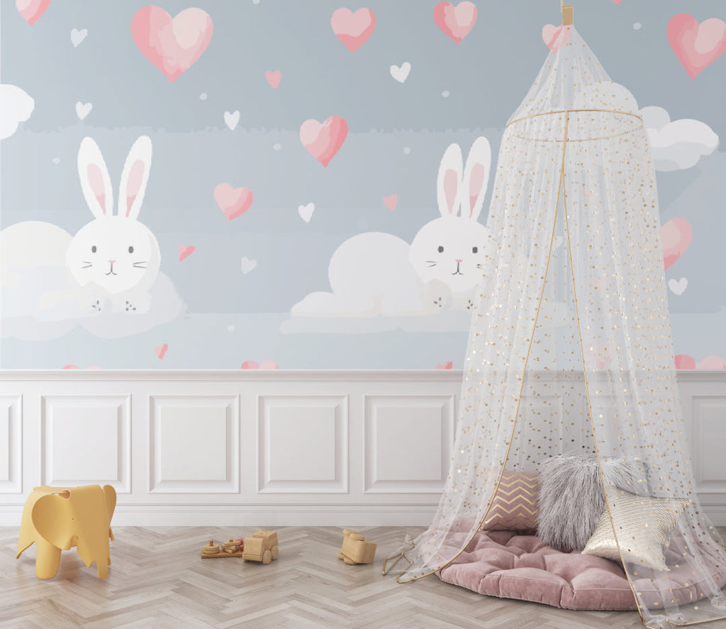 Baby room with bunny heart wallpaper featuring white crib and floating shelves