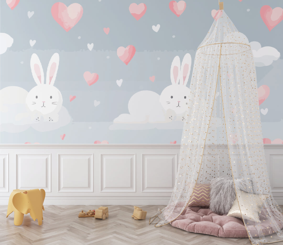 Kids room with pink and gray bunny wallpaper showcasing modern furniture and natural lighting