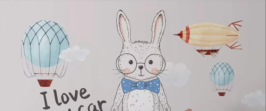 Bunny and hot air balloon wallpaper design file showing full pattern detail and soft color palette