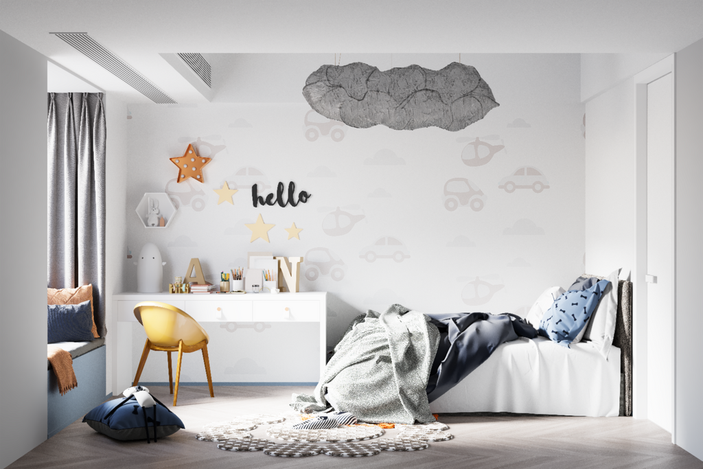 Cars and helicopters wallpaper in playroom setting with reading nook and storage