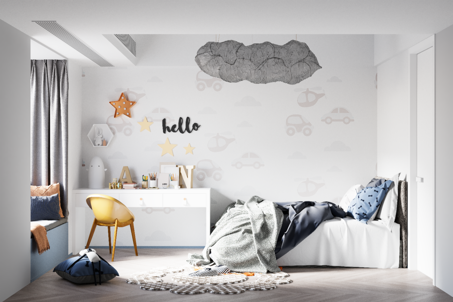 Cars and helicopters wallpaper in playroom setting with reading nook and storage