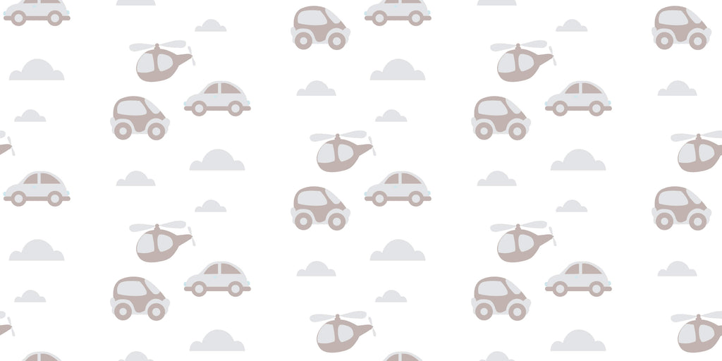 Design file showing beige cars and helicopters pattern with cloud motifs on light background