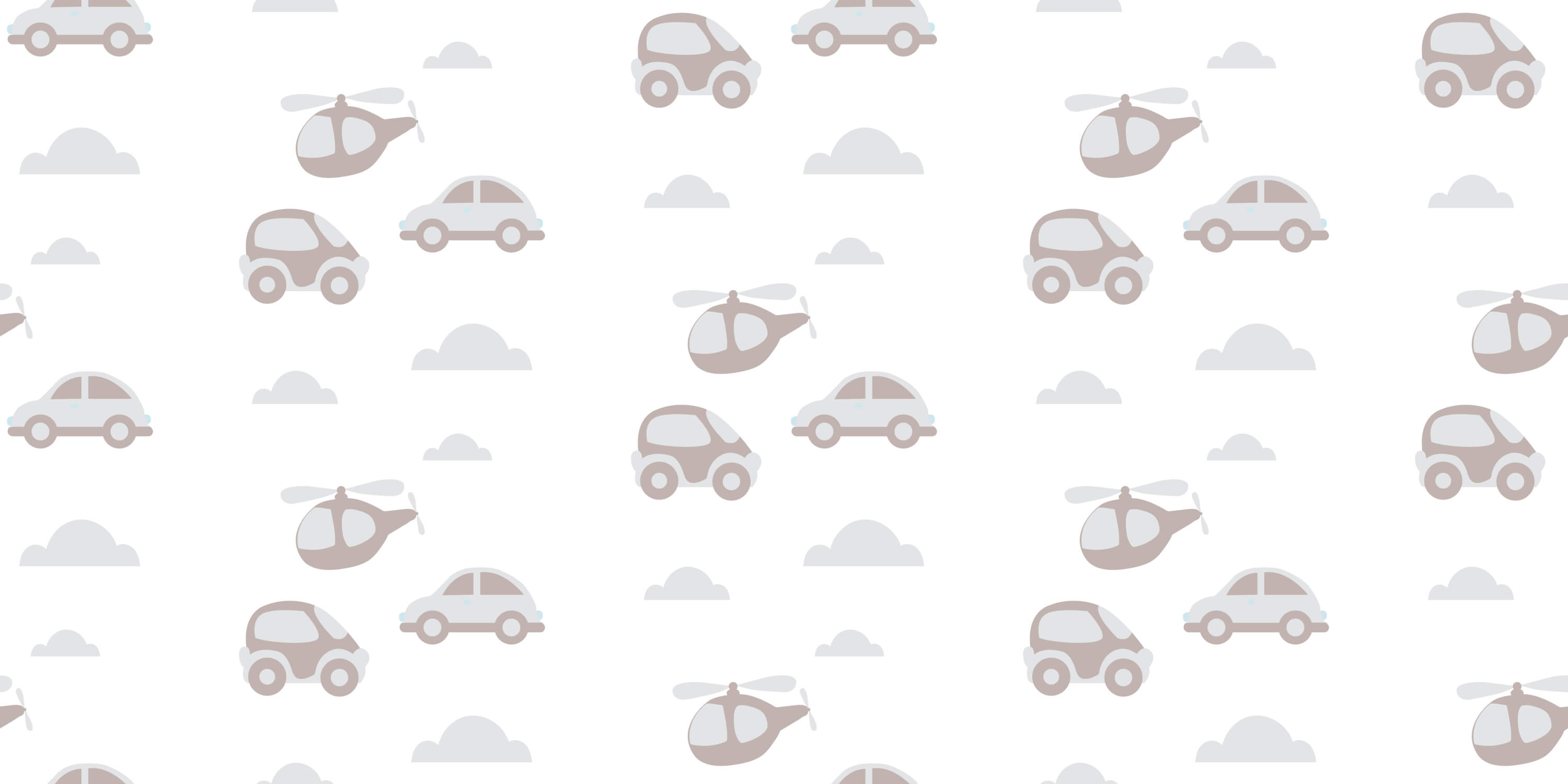 Design file showing beige cars and helicopters pattern with cloud motifs on light background
