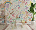 Kids Doodle Art Wallpaper creating a cheerful atmosphere in a modern playroom with natural lighting and creative play areas