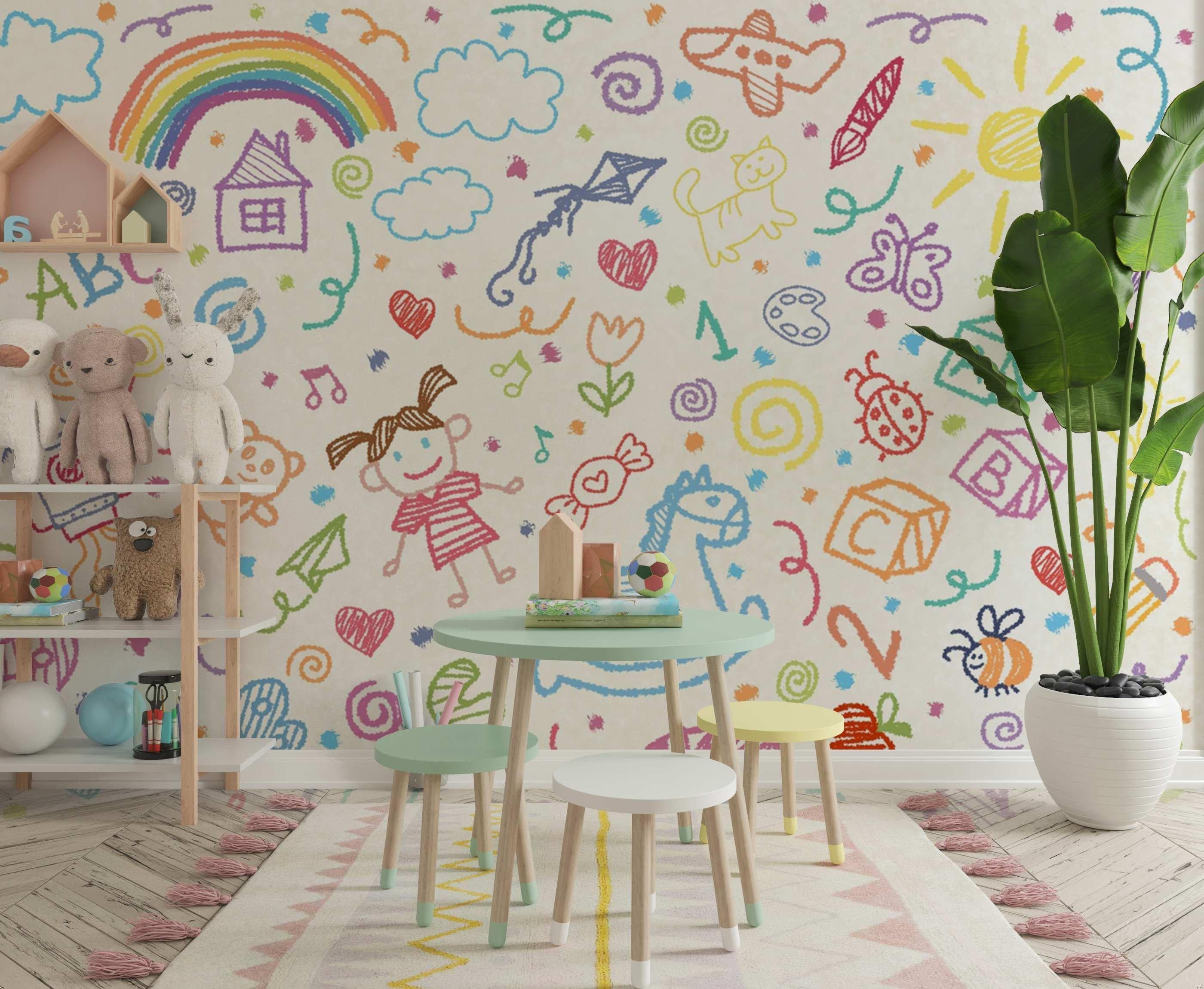 Kids Doodle Art Wallpaper creating a cheerful atmosphere in a modern playroom with natural lighting and creative play areas