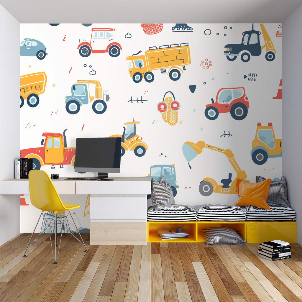 Construction vehicle wallpaper brings fun to a modern playroom with colorful trucks and machinery